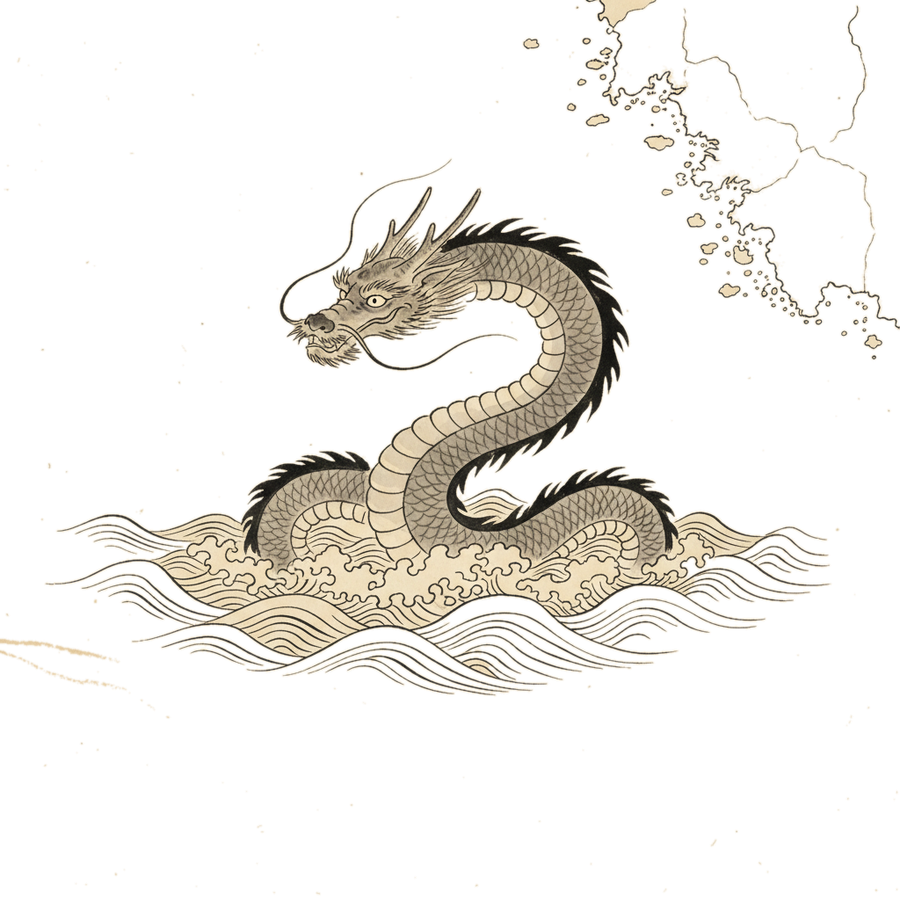A sea-dragon rising from the waves at the frayed edge of an old sea-chart