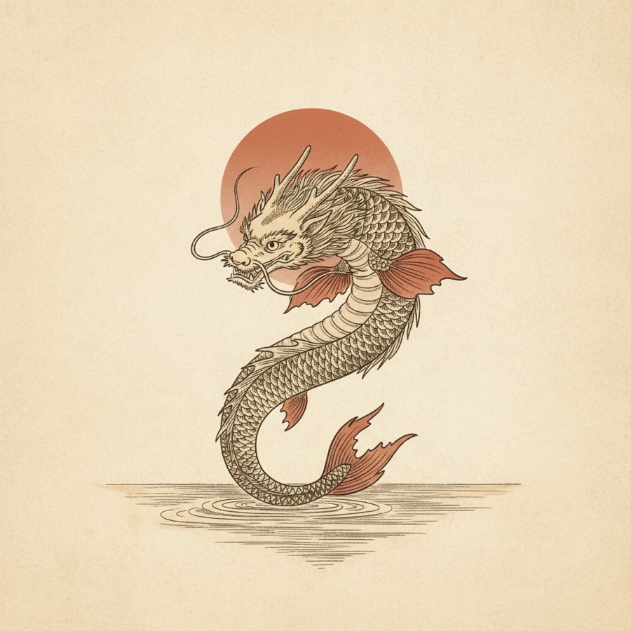 A serene dragon-koi ascending before a full red rising sun — transformed