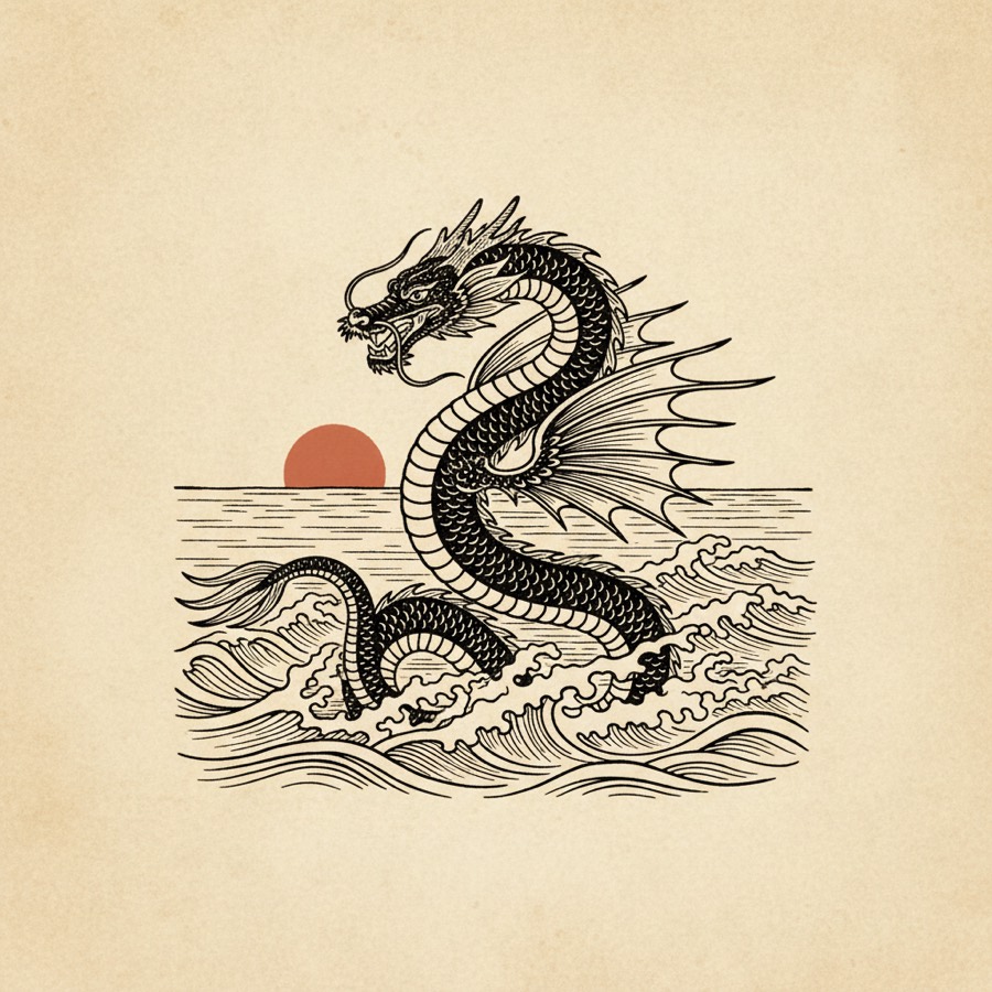 The sea-dragon rising from calming waves toward a red rising sun — beginning to transform