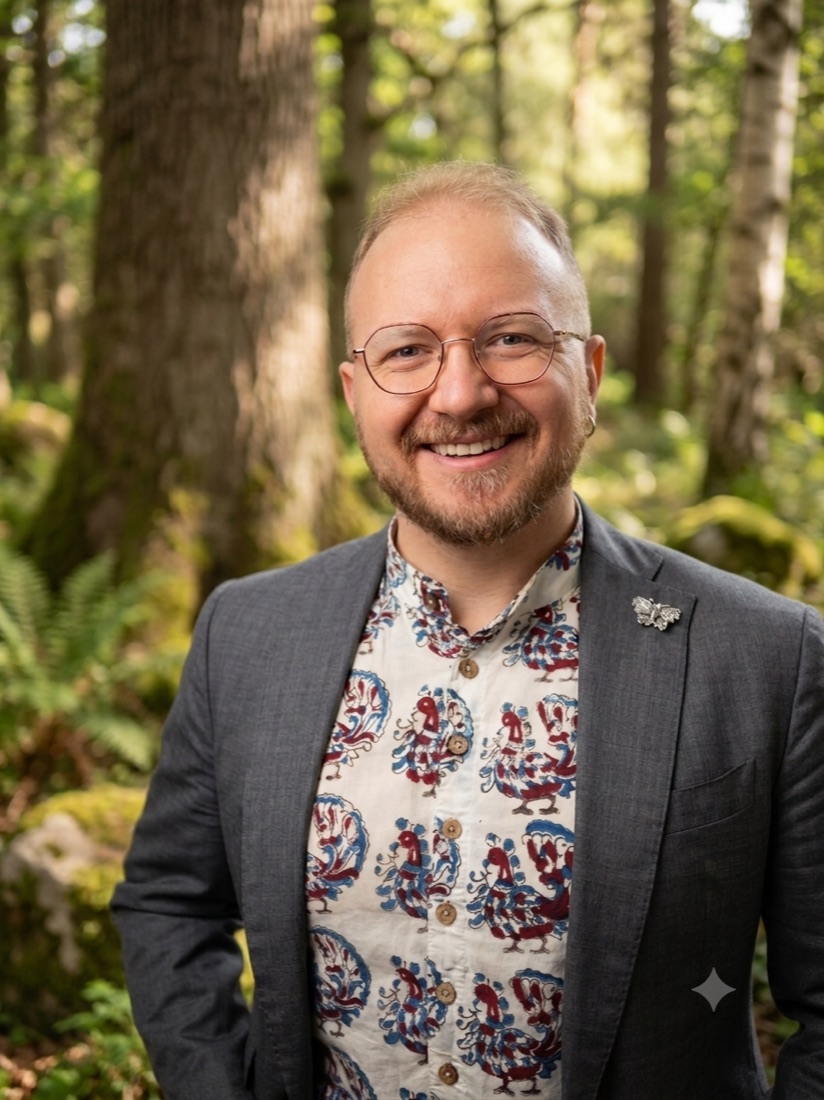 Nico smiling, wearing glasses, forest behind him